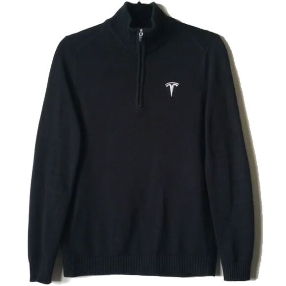 Tesla Half Zip Funnel Neck Sweater XS Black White Embroidered Logo - Picture 1 of 9